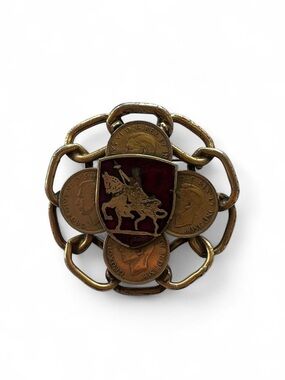 Vintage Equestrian Shield Coin Brooch - Red & Gold
